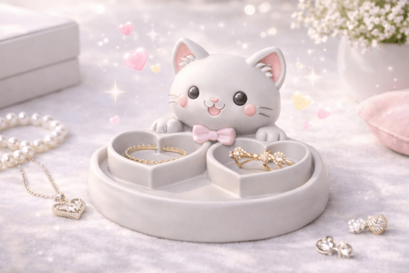 Cat Jewelry Tray with Heart Compartments for 3D Printing: A Fusion of Function and Kawaii Aesthetics