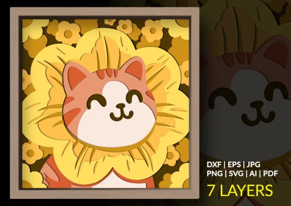 Cute Cat Sunflower 3D Layered Shadow Box